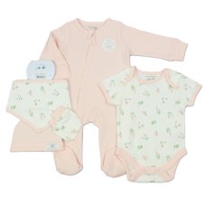 J13908: Baby Pink Ditsy Floral Waffle Fabric 5 Piece Net Bag Gift Set (0-9 Months)